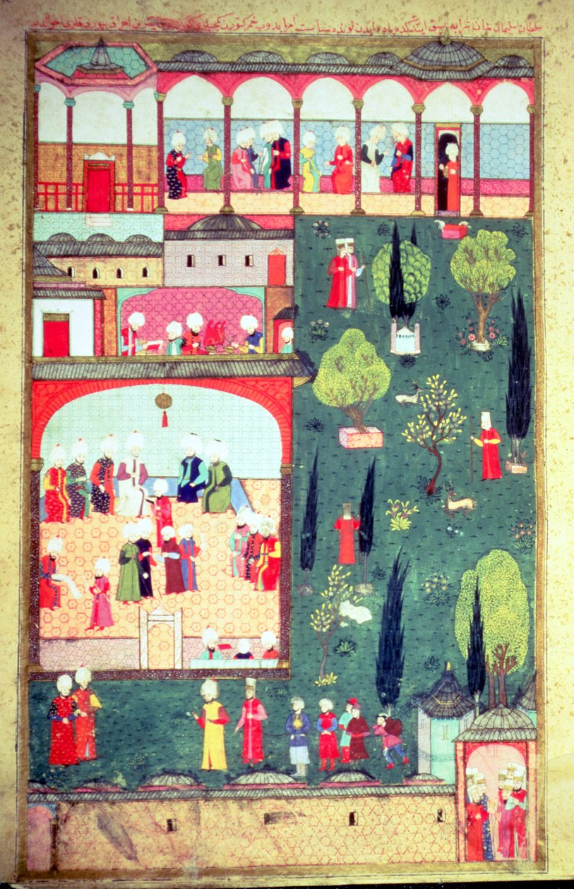 H 1524 f.242r Ministerråd ved Topkapi-palasset, fra 'Hunername' av Lokman, 1588 av Turkish School