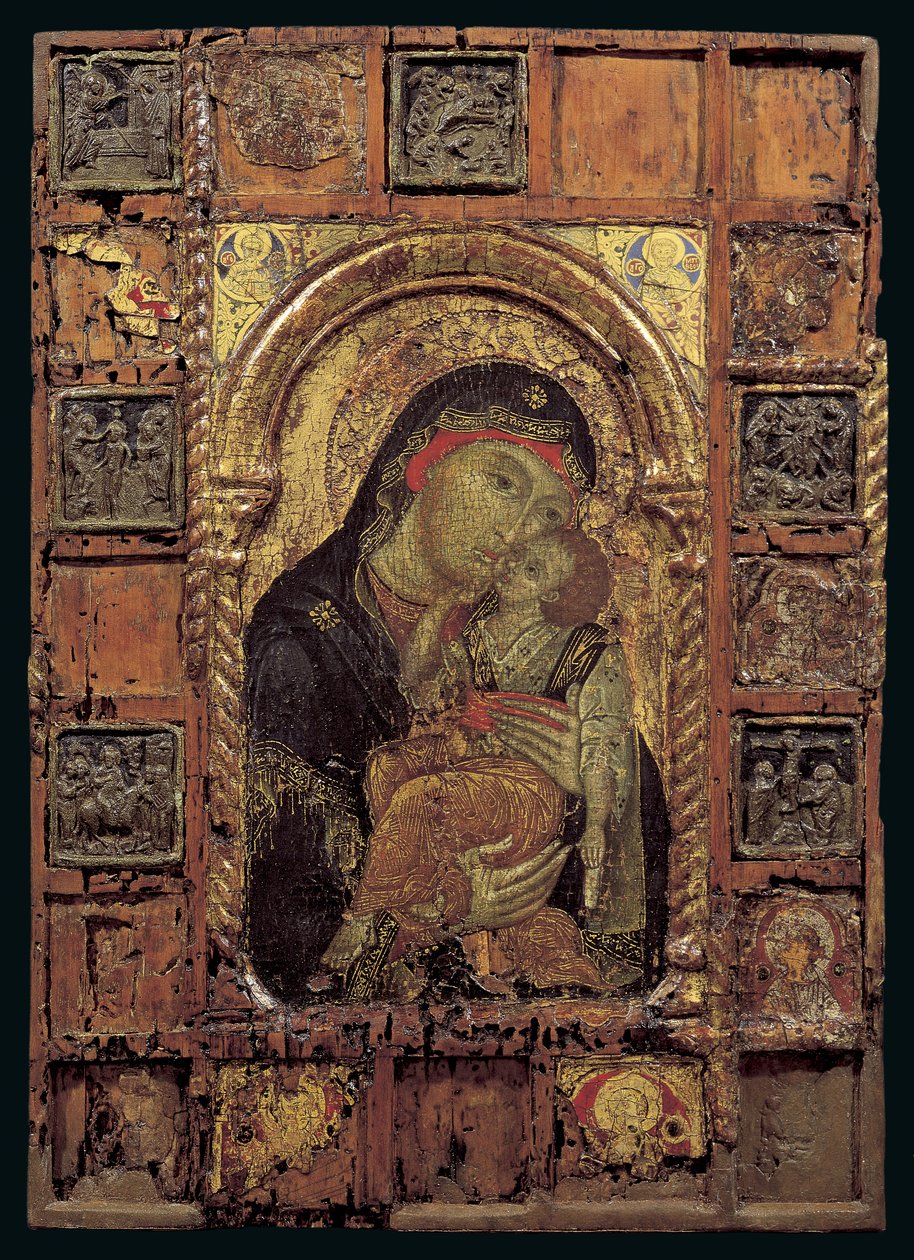 Icon of the Virgin of Tenderness (blandet media på panel) av Turkish School