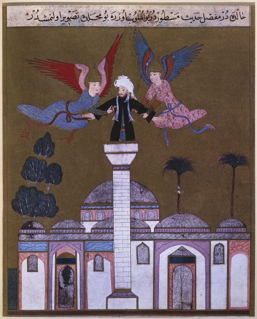 Jesus Kristus båret av to engler fra minareten i moskeen i Damaskus, fra Zubdet ut Tevarih av Lokman, 1583 av Turkish School