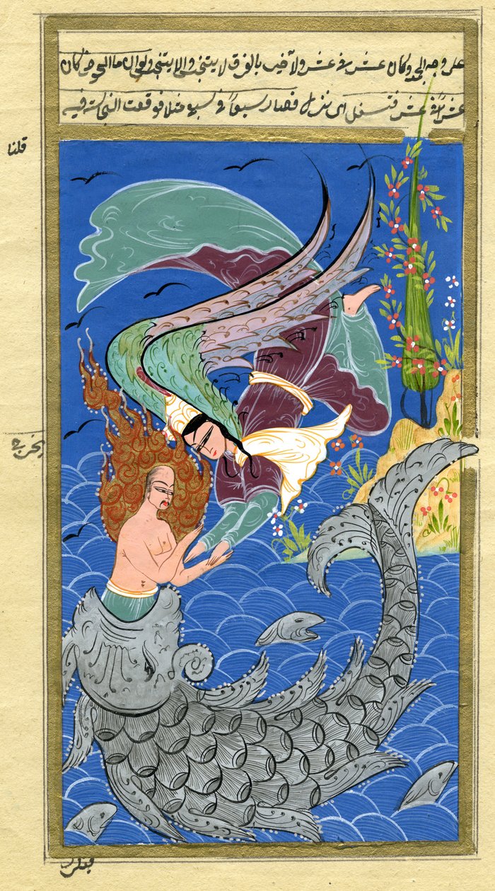 Jonah og den gigantiske fisken (akvarell og gullpulver på papir) av Turkish School