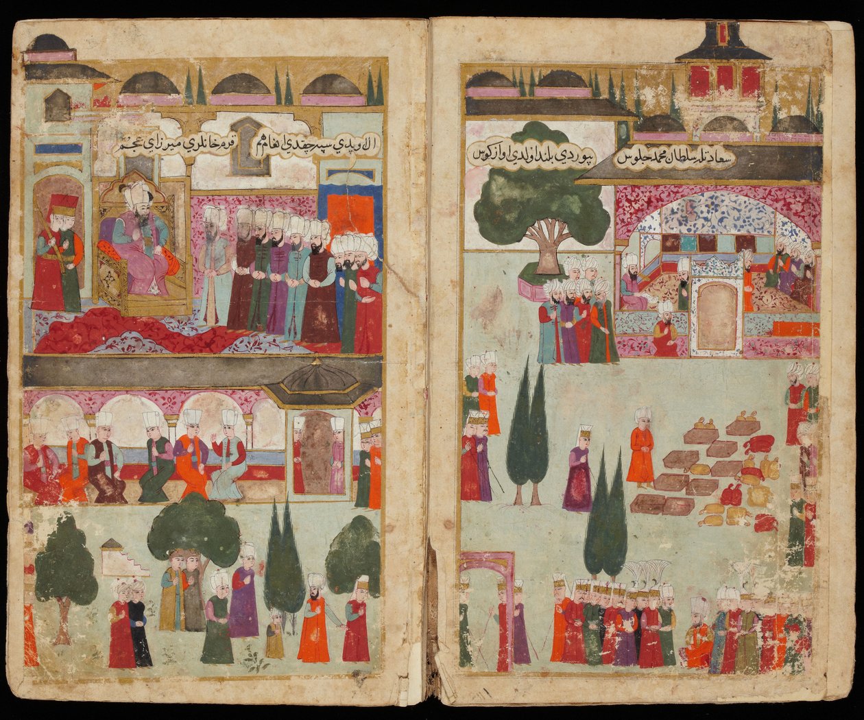 Le couronnement du sultan ottoman Mehmet III (1566-1603) au palais Topkapi, no 1595 - Mehmed IIIs kroning i Topkapi-palasset i 1595 (Fra manuskript Mehmed IIIs kampanje i Ungarn) - tyrkisk mester - ca. 1600 - Akvarell og blekk på papir - The av Turkish School
