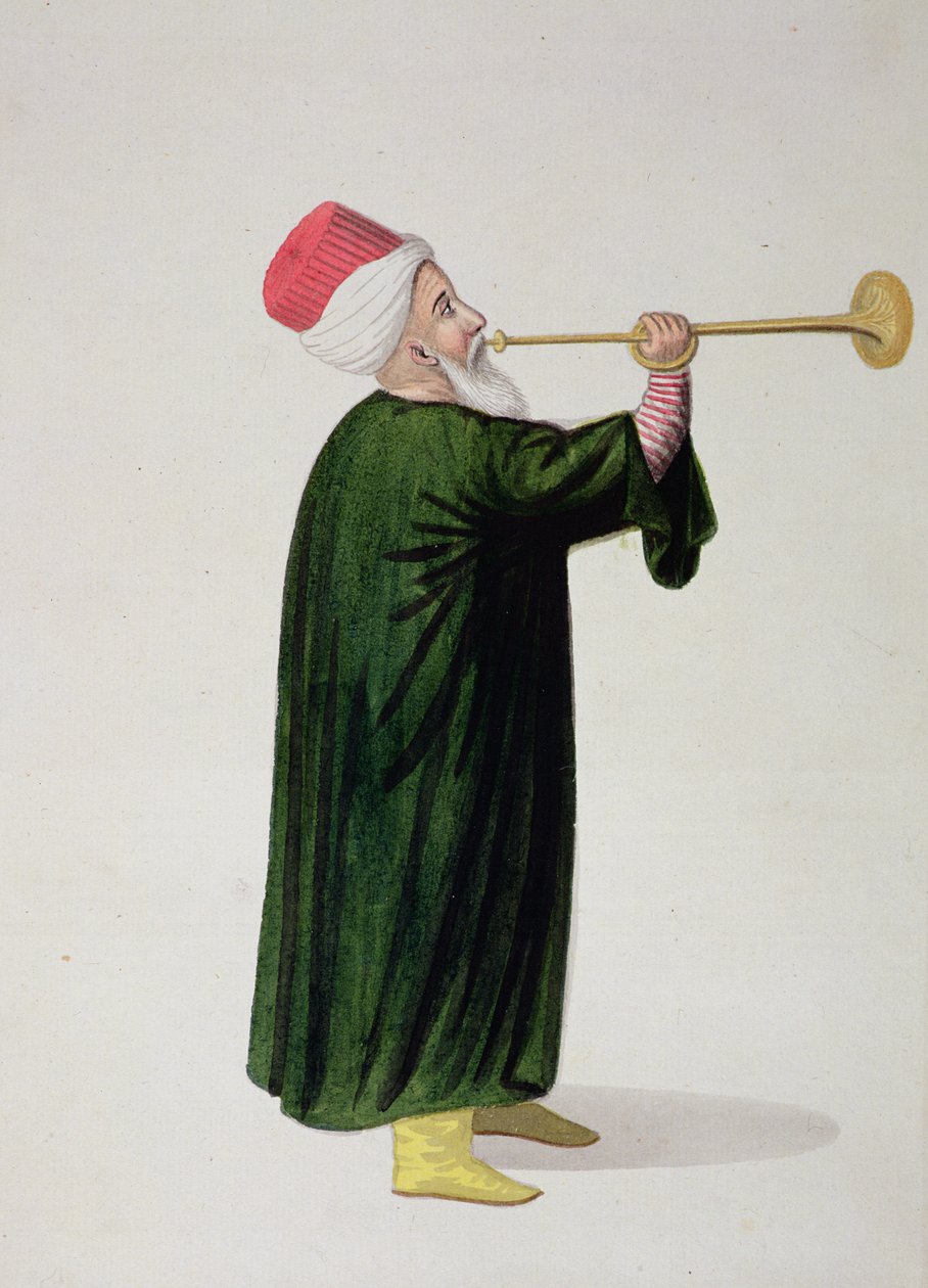 Offisiell trompetist for Janissary Military Band, osmansk periode, tredje kvartal av 1700-tallet (wc på papir) av Turkish School