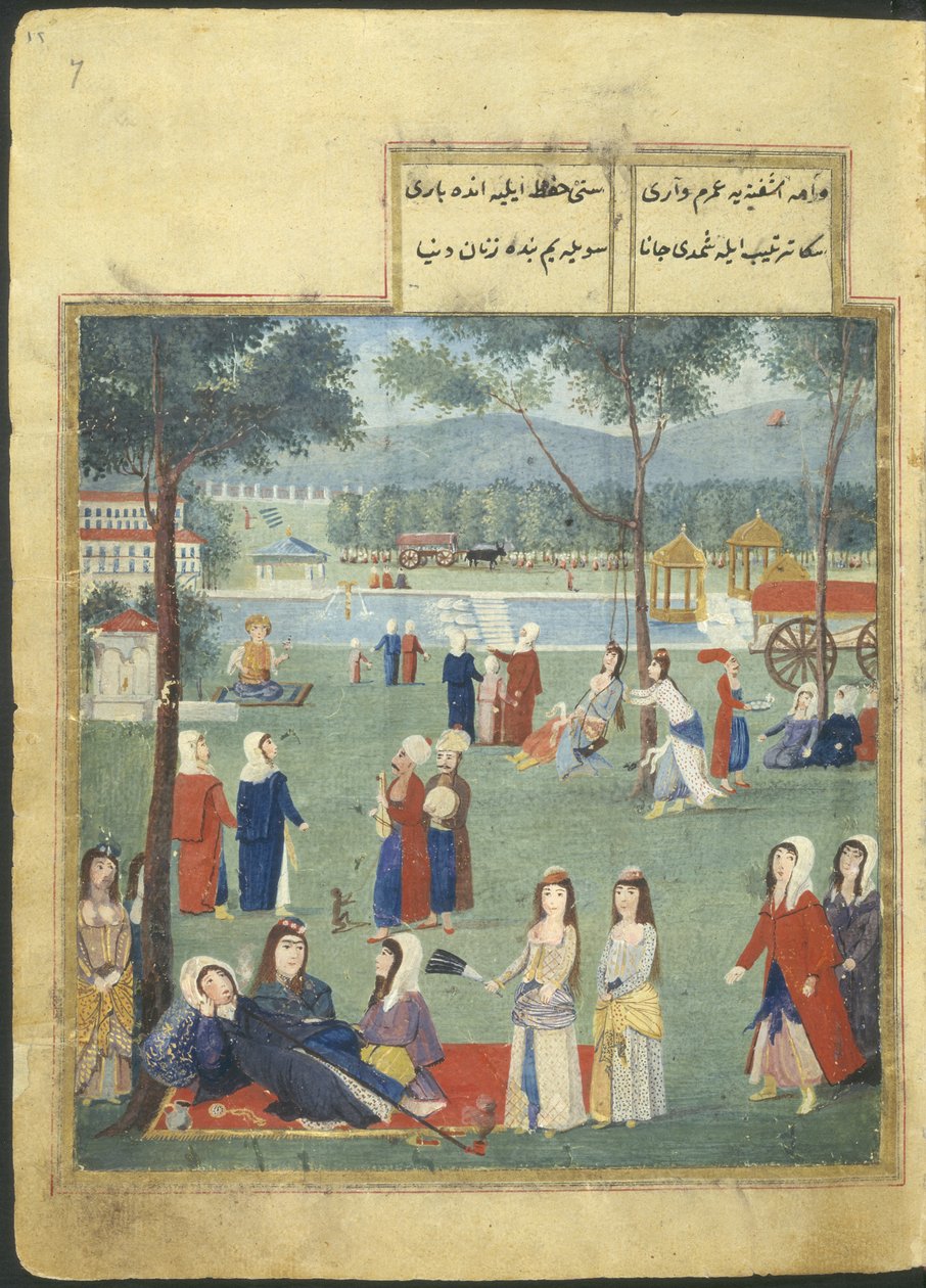 Eller. 7094 f.7, The Gardens of the Kagithane (The Sweet Waters of Europe), Women in a park (akvarell på papir) av Turkish School