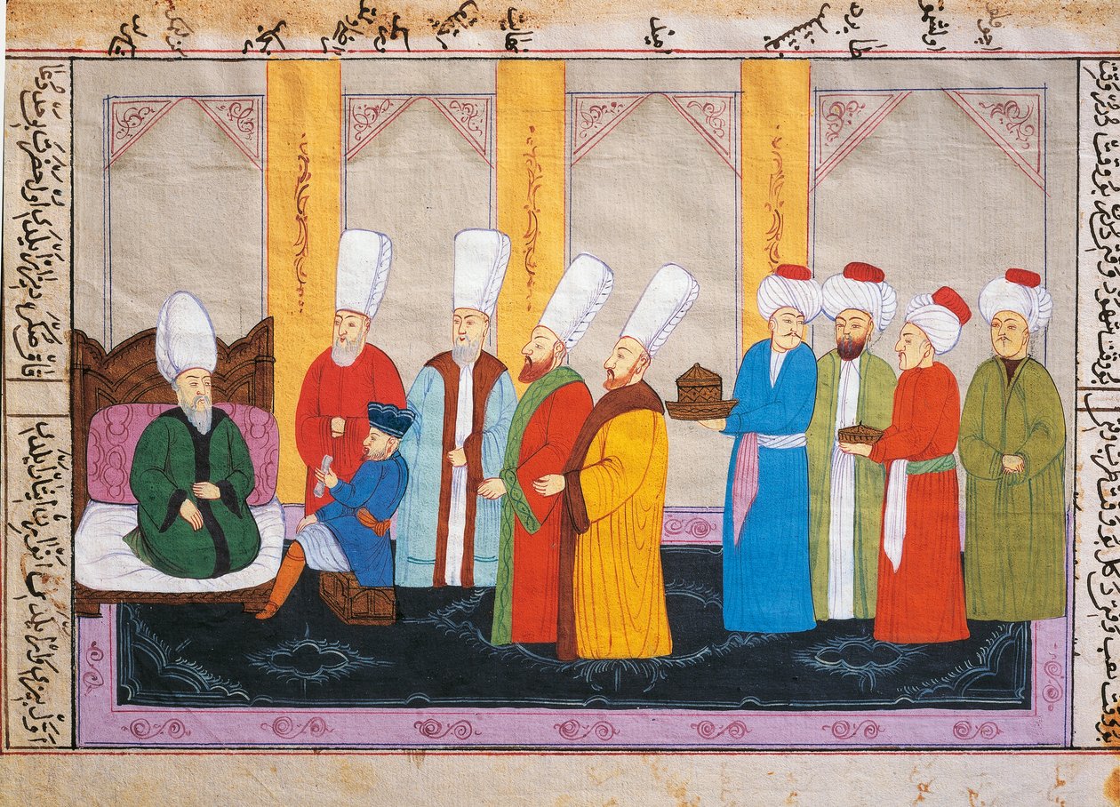 Ottomansk miniatyr som viser en europeisk ambassadør ved Topkapi-palassretten, manuskript, Tyrkia av Turkish School