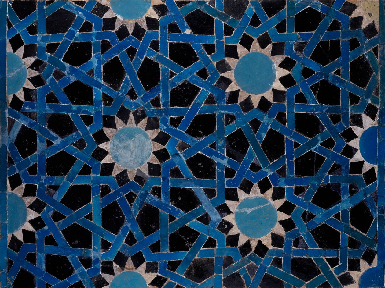 Panel i fajanse dekorert med geometriske motiver fra Konya, Tyrkia, Seljuk Civilization av Turkish School