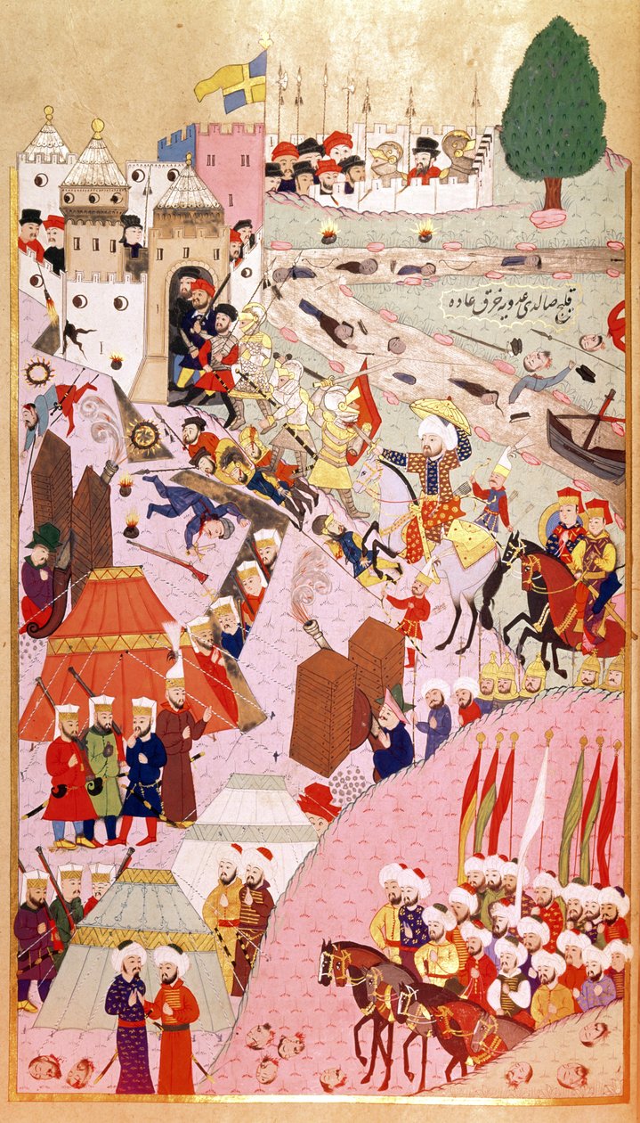 Angrepet på Beograd av sultan Mehmet II 'Erobreren' (1432-1481), fra 'Hunernama' (Mss Hazine. 1524) av Turkish School