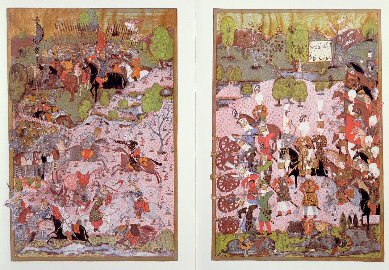 Slaget ved Mohacs, mellom tyrkerne og ungarerne, 1526, faksimile av en miniatyr bevart i Topkapi-museet i Istanbul av Turkish School