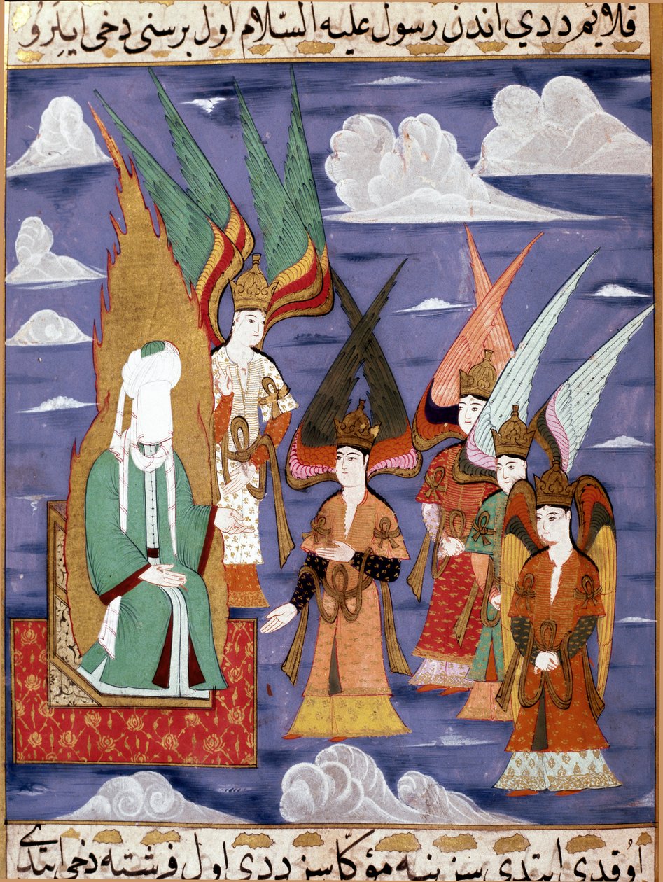 Profeten Muhammed (Mohammed eller Muhammed) (570-632) (ansiktet dekket) under hans persiske miniatyr natttur fra 1700-tallet. Musee Topkapi Istanbul Tyrkia av Turkish School