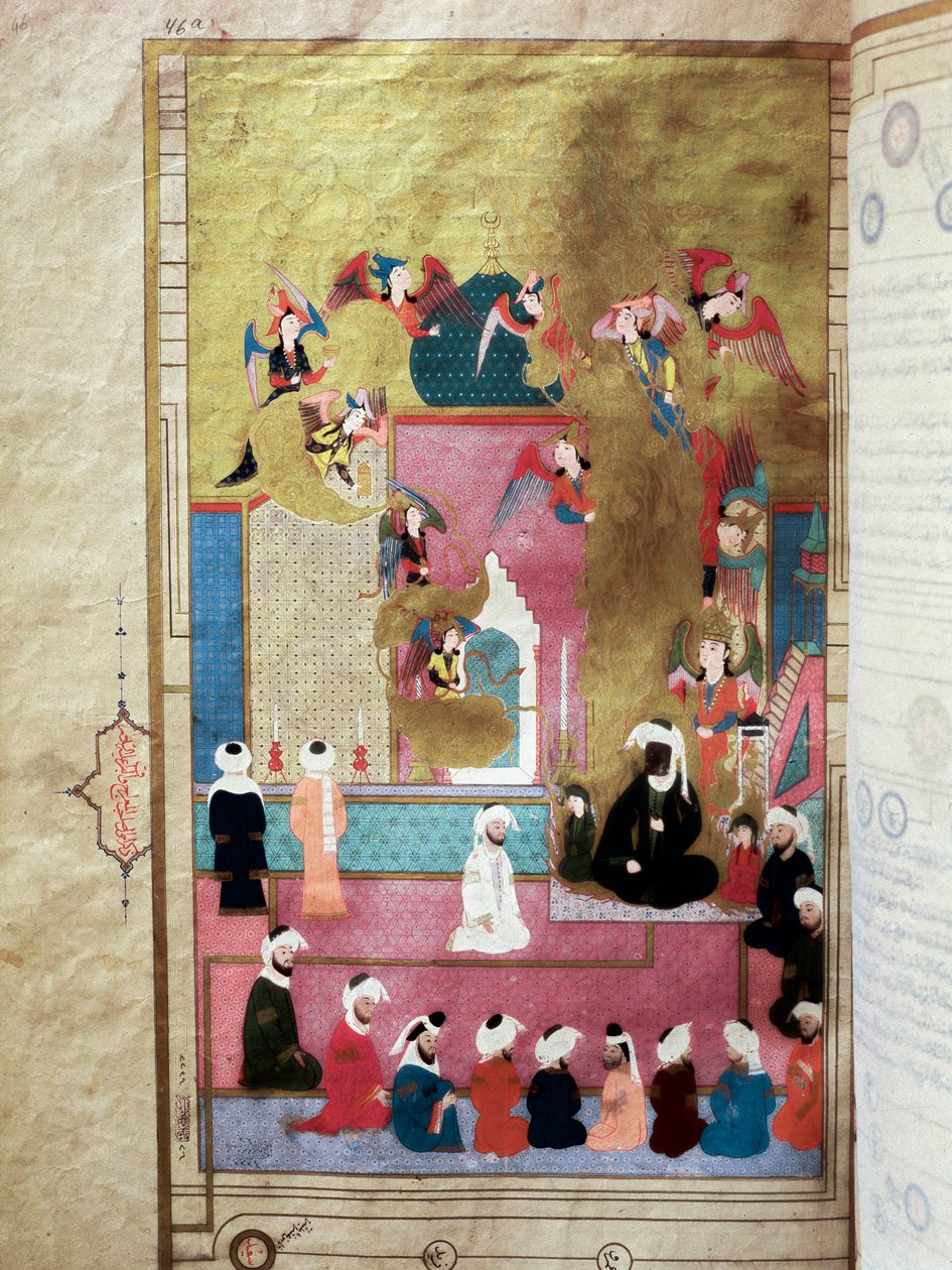 Profeten Muhammed (Mohammed eller Muhammad) (570-632) (ansiktet dekket) under Mirac, hans oppstigning til den syvende himmelen Miniatyr fra manuskriptet "Zubdat al-Tawarikh" (eller Zubdat al Tawarikh) av historikeren Seyyid Loqman Ashuri under rem av Murad av Turkish School