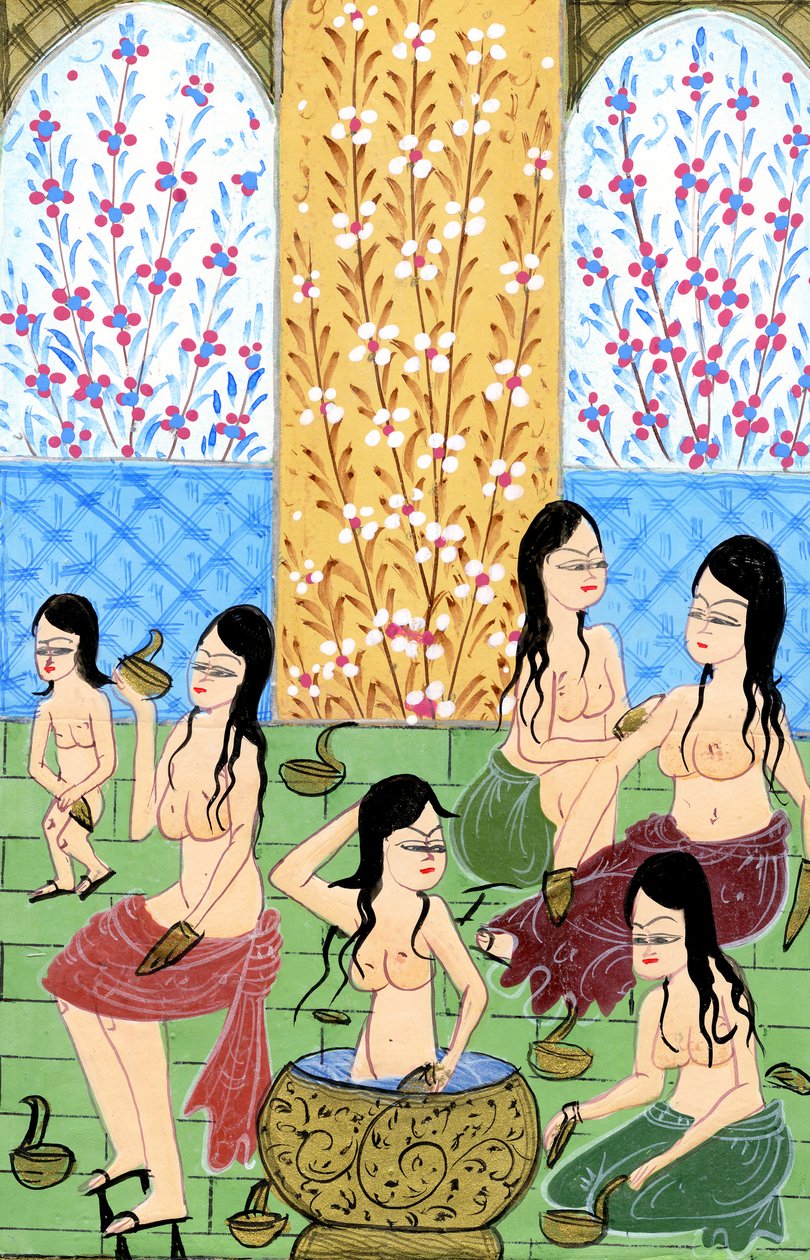 Utsikt i en Hamam for kvinner (akvarell og gullpulver på papir) av Turkish School