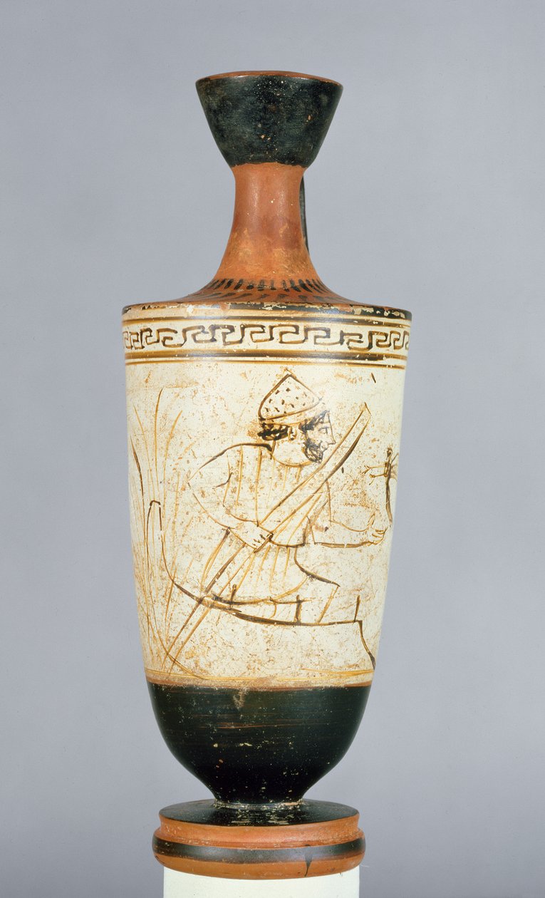 Attic white-ground lekythos dekorert med Charon, fergemannen til underverdenen som mottar sjelen til en død person, fra Athen, ca. 475-425 f.Kr. (keramikk) av Tymbos Painter