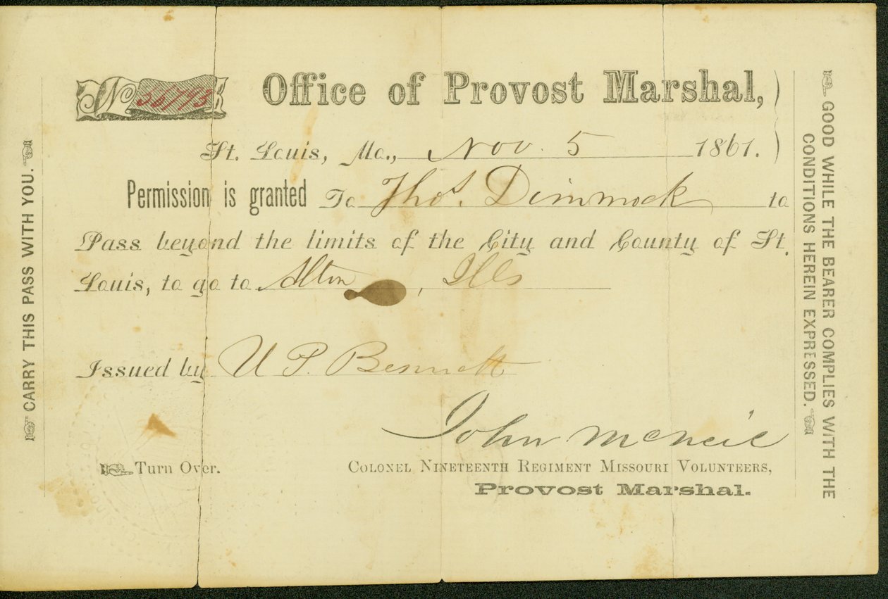 Militærpass av Thomas Dimmock, signert U.P Bennett, 5. november 1861 av U. P. Bennett