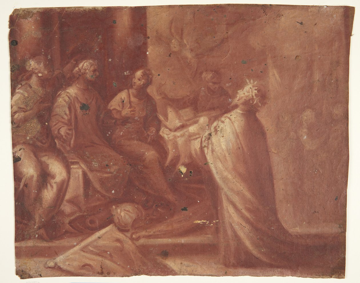 Jesus gir en gjæring til en kvinne på en trone omgitt av to kvinner (allegori) av Ubekendt