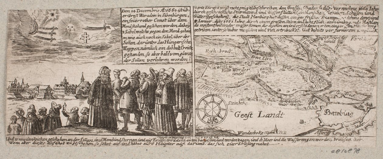 Kometen som dukket opp i Grossvardein, Sibenbürgen, 14. desember 1660, samt et kart over egne nær Hamburg under stormfloen 4. januar 1661 av Ubekendt