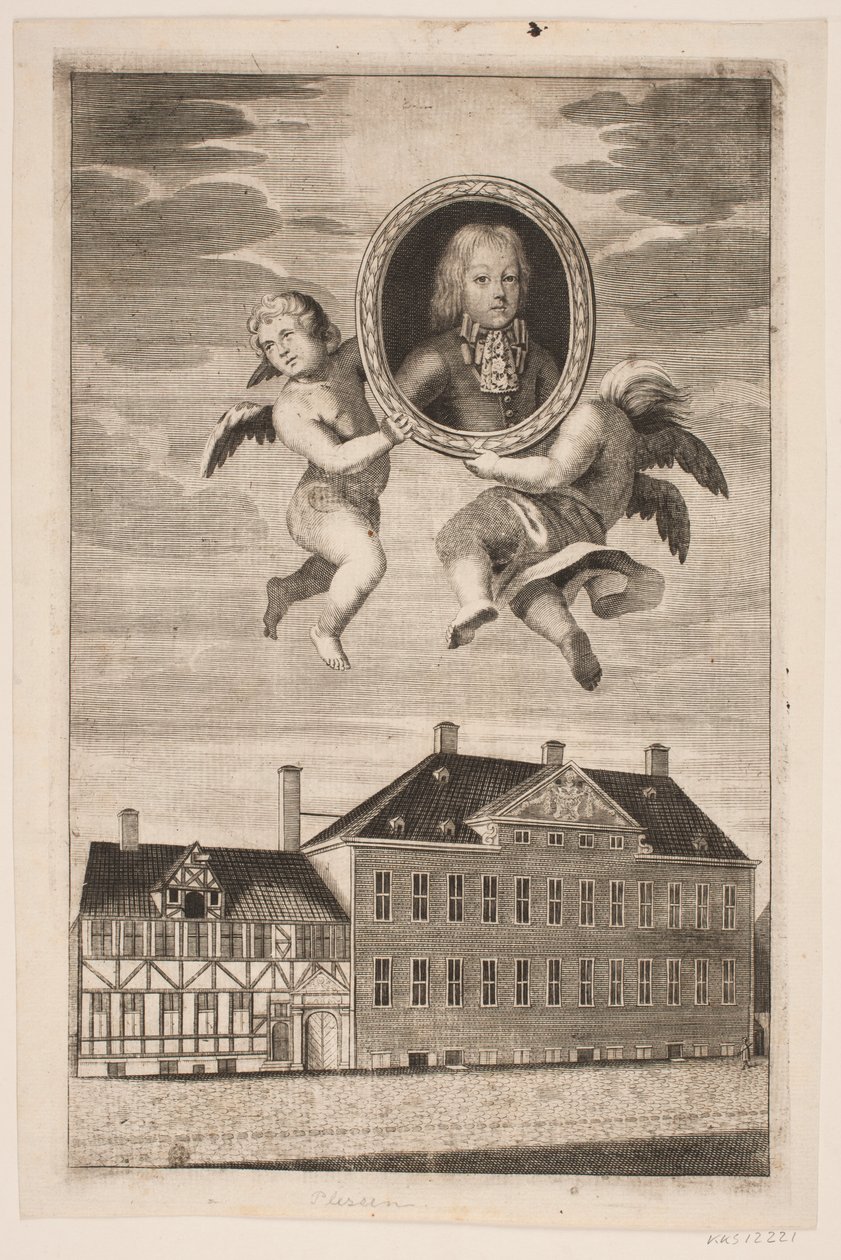 Medaljong med portrett av en gutt av familien Plessen. f.n. et bindingsverkshus og et herskapshus av Ubekendt