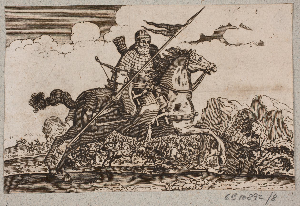 Ottomansk kavalerist med lanse og bue. I bakgrunnen er horsemanship av Ubekendt