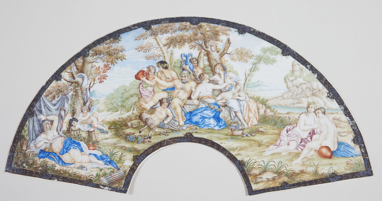 Vifteformet blad. I sentrum Pan med nymfer og Bacchus-barnet (?) av en perse, t.h. og v. hvilende kvinneskikkelser av Ubekendt
