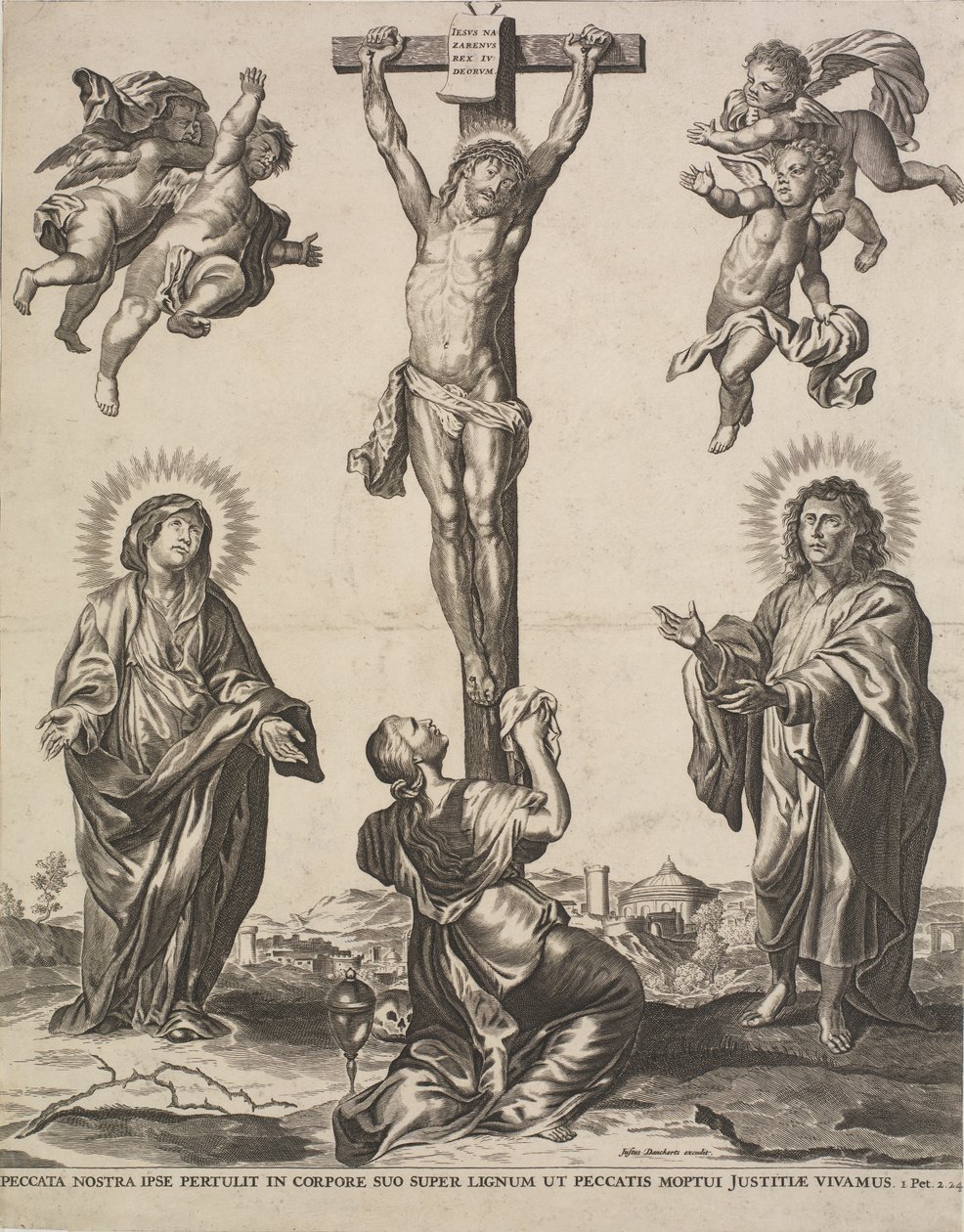 Kristus på korset, med Jomfruen, Maria Magdalena og Johannes og fire engler av Ubekendt KKSgb5444