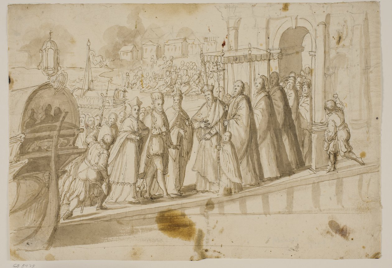 Kong Henry III, Doge Alvise Mocenigo og kardinal San Sisto ble mottatt av den venetianske patriarken Giovanni Trevisan ved Lido i Venezia av Ubekendt Ubekendt