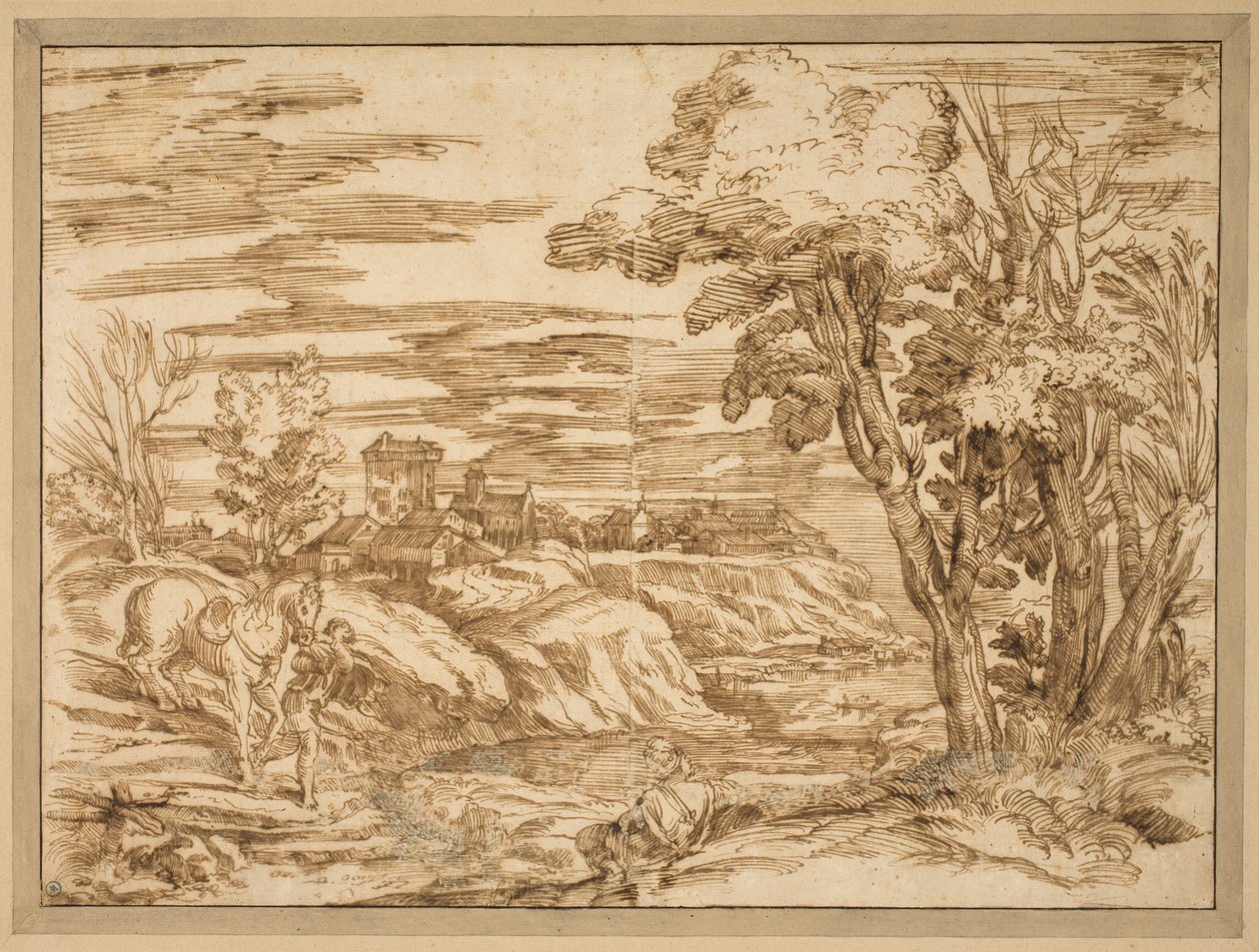 Elvelandskap med en sittende mann med turban og en gutt som leder en hest i forgrunnen, etter etsningen B.8, tilskrevet Titian av Ubekendt Ubekendt