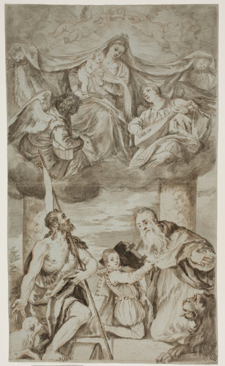 Jomfruen og barnet blant engler i skyene med døperen Johannes og Hieronymus, etter Paolo Veroneses maleri tidligere i S. Francesco della Vigna, Venezia av Ubekendt Ubekendt