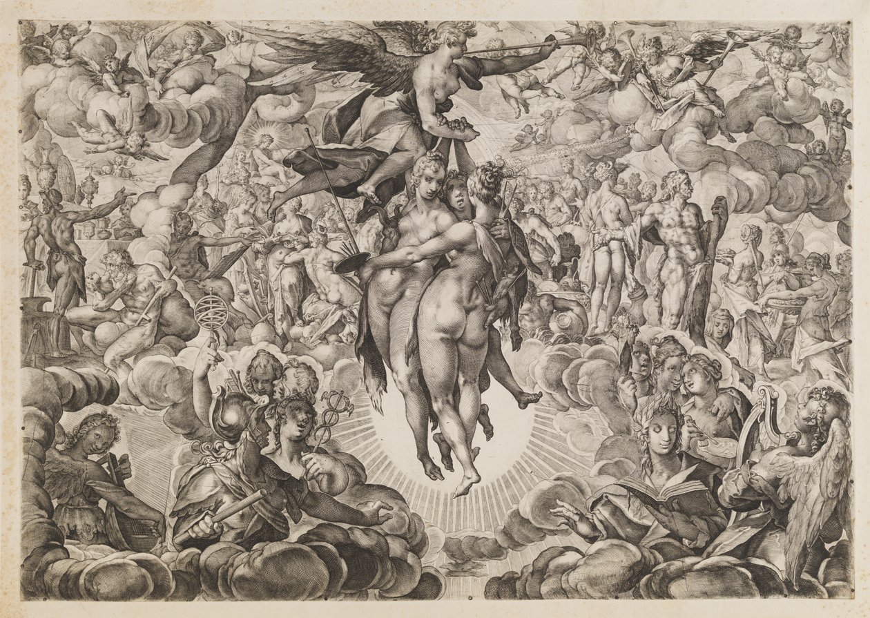 Maleri, skulptur og arkitektur, forbudt av tyrkerne, trukket tilbake til Olympus av Ubekendt efter Jan Muller; H. Goltzius; Ae. Sadeler og Lucas Kilian efter Bartholomeus Spranger