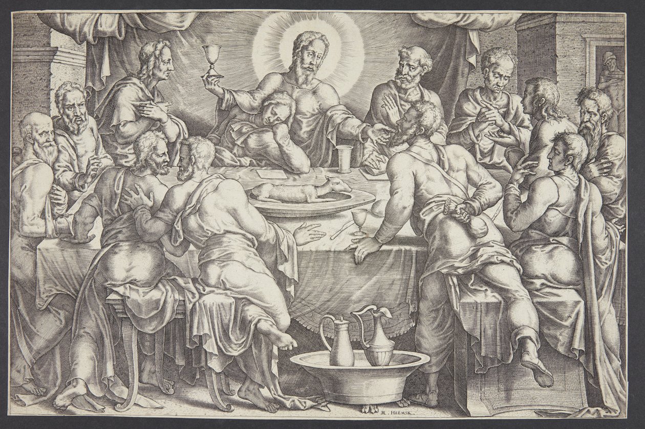 Kristus forutsa sviket til Judas Iskariot ved det siste måltid av Ubekendt efter Maarten van Heemskerck