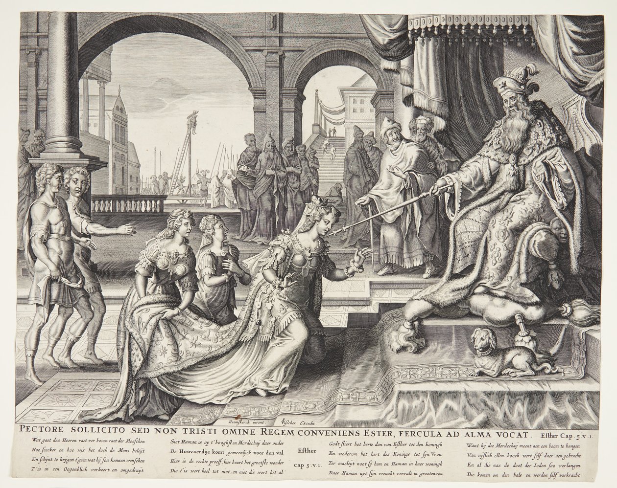 Ester foran Ahasverus og inviterte ham til en bankett av Ubekendt efter Philips Galle efter forlæg af Maarten van Heemskerck