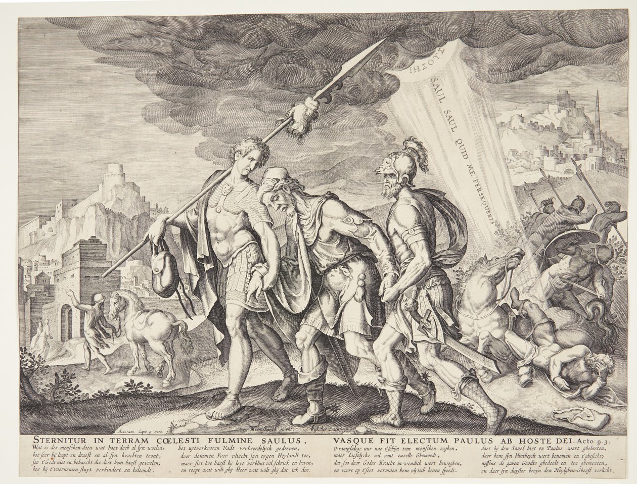 Den blinde Saul førte til Damaskus av Ubekendt efter Philips Galle efter forlæg af Maarten van Heemskerck