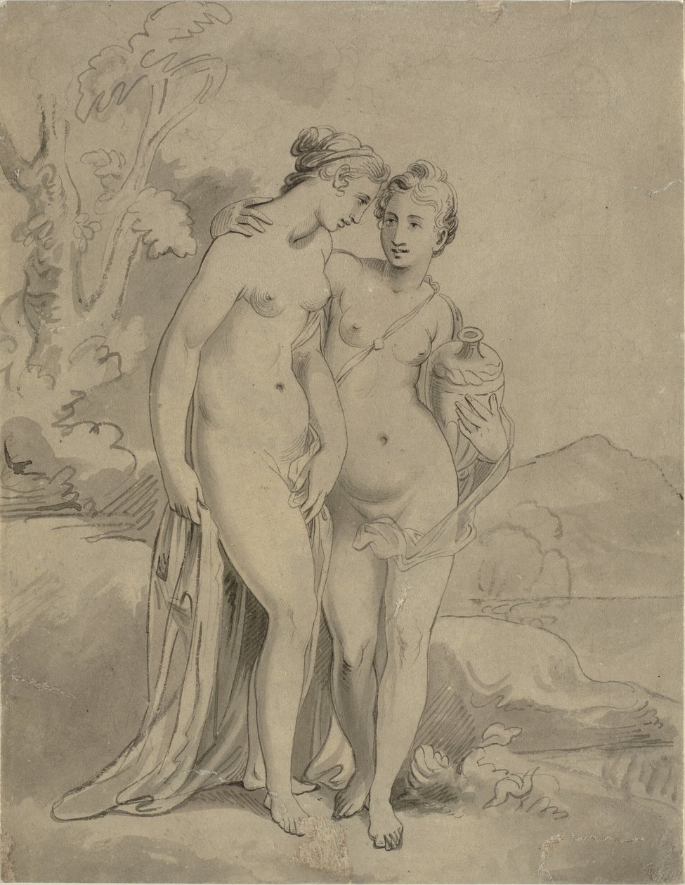 To nymfer i et landskap av Ubekendt engelsk kunstner 1820