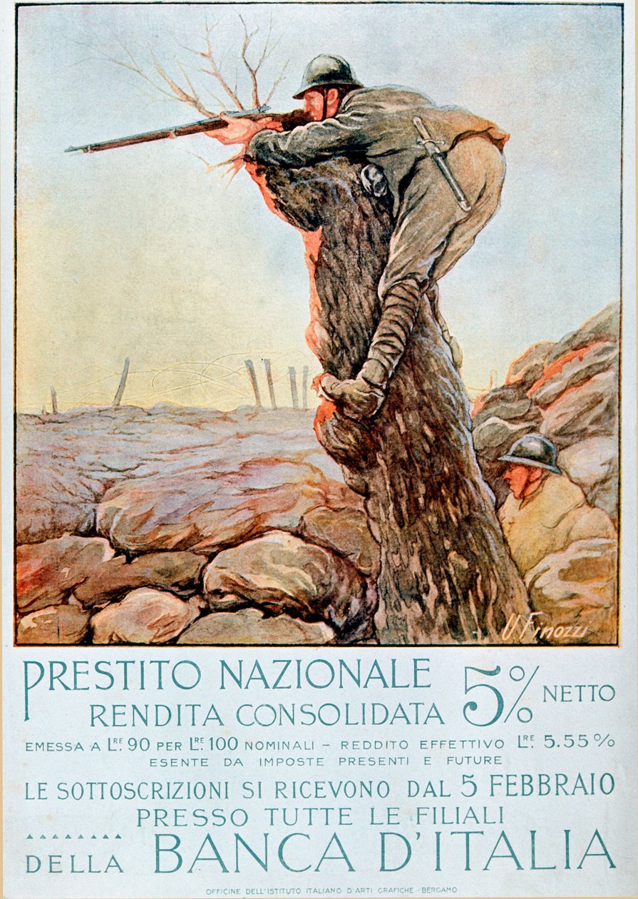 Første verdenskrig: Italiensk plakat som oppmuntrer til nasjonalt lån. Illustrasjon av Ugo Finozzi (1900-tallet). 1914-1918 OBS! Bruken av dette verket kan være underlagt en forespørsel om autorisasjon til en tredjepart eller betaling av tilleggsgebyrer av Ugo Finozzi