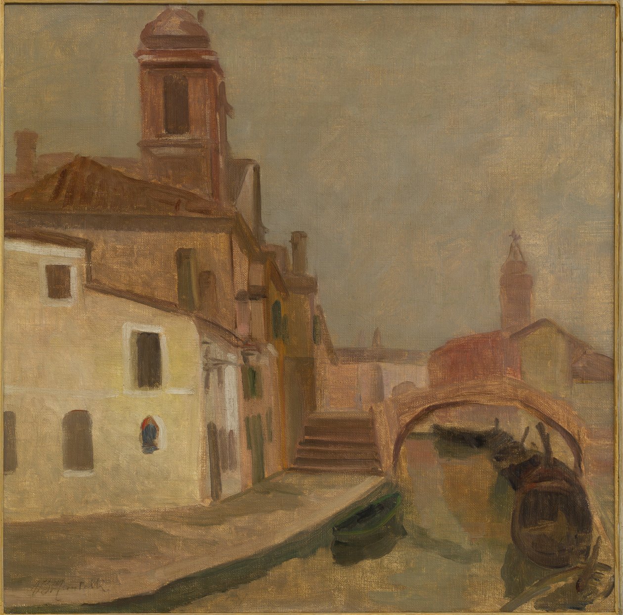 Hus og en bro i Chioggia (oljemaleri på lerret) av Ugo Martelli