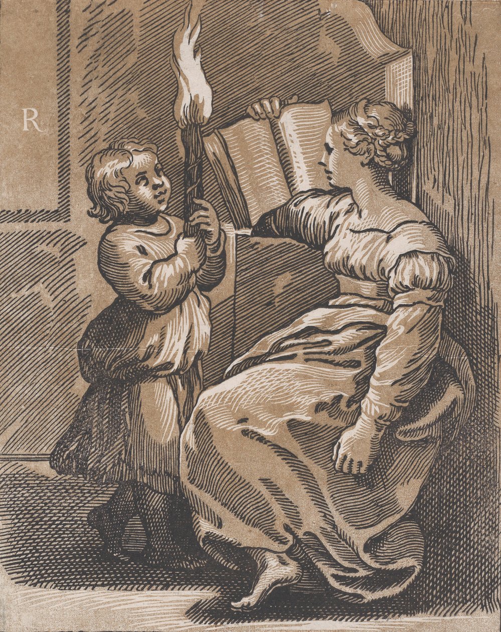 En sibylle som leser en bok vendt mot venstre, etter 1518. av Ugo da Carpi