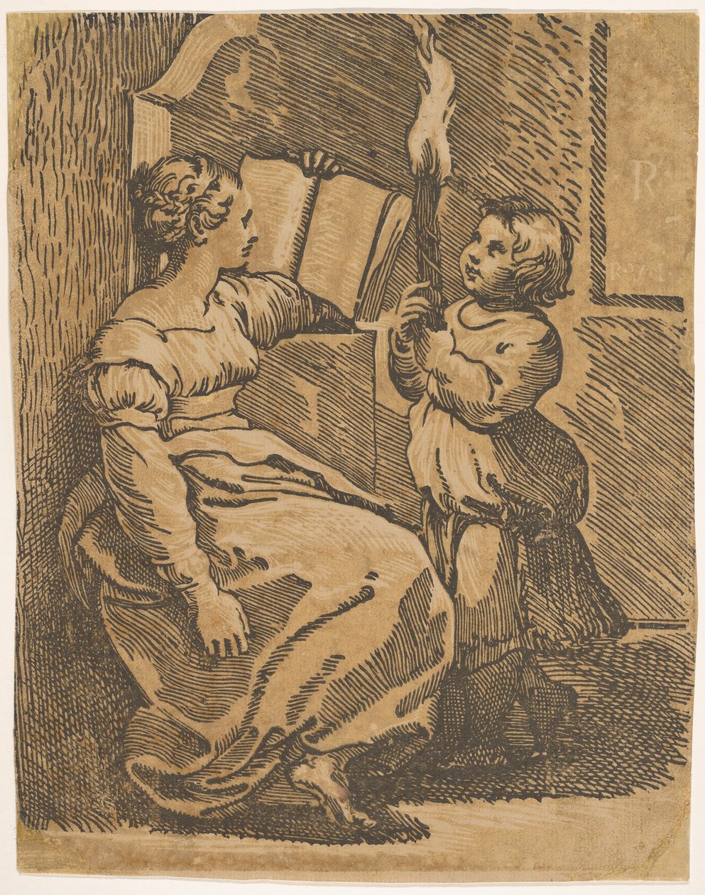 En Sybil-lesing vendt mot høyre, ca. 1517-18. av Ugo da Carpi