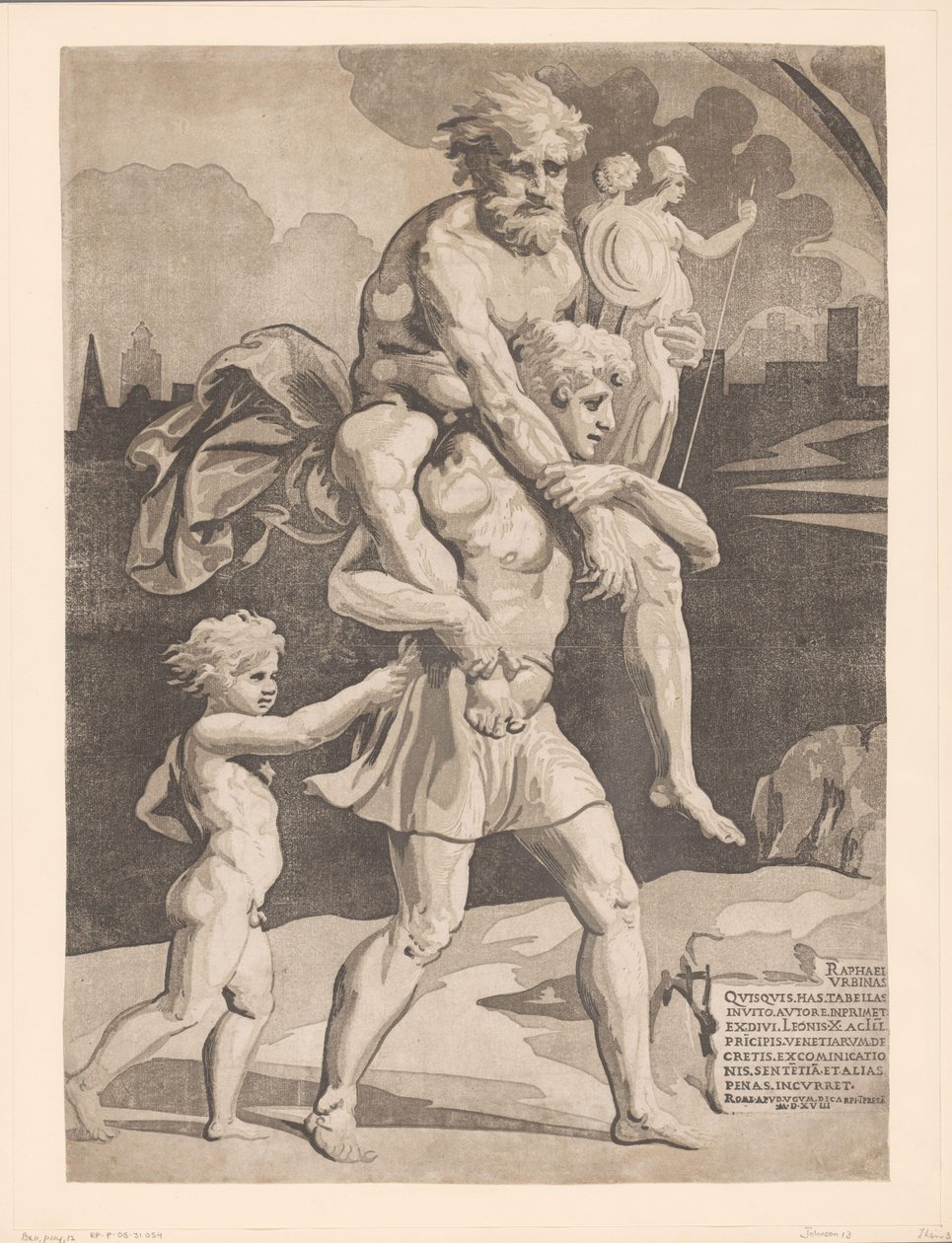 Aeneas flykter med familien fra Troja av Ugo da Carpi