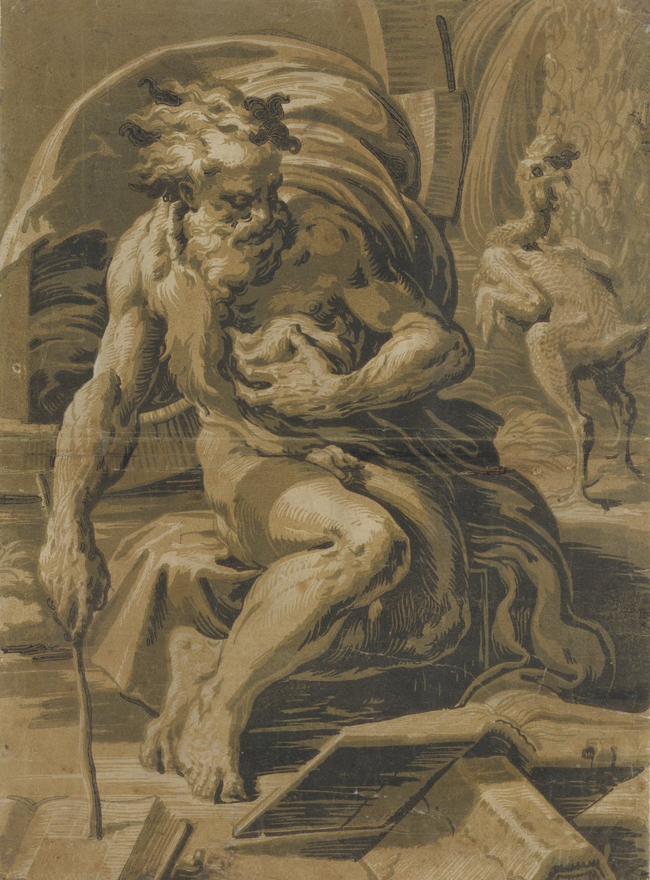 Diogenes, sittende foran tønnen, leser fra en bok, en plukket høne som står bak..., ca. 1527-30. av Ugo da Carpi