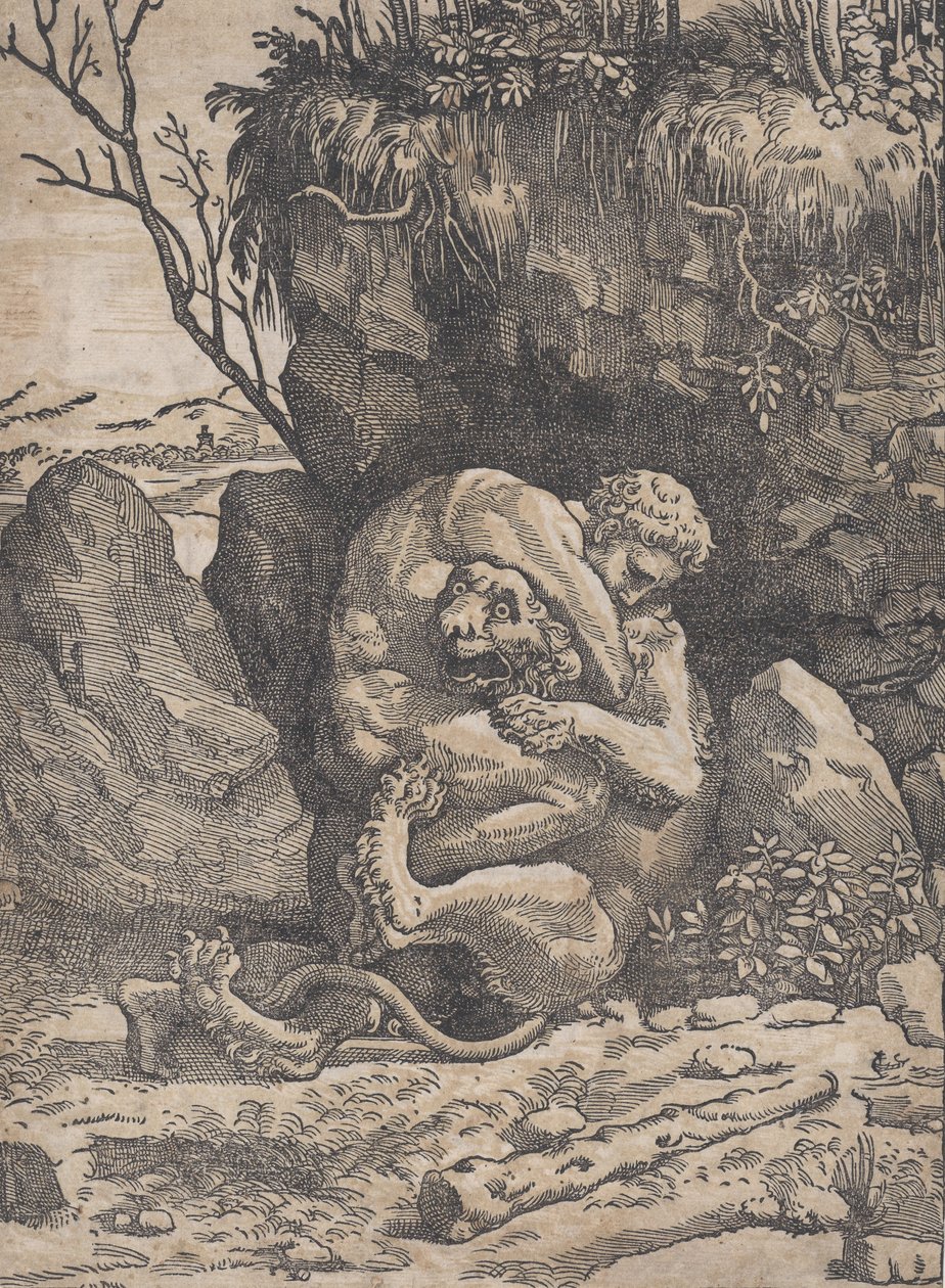 Hercules og Nemean Lion, ca. 1517-18. av Ugo da Carpi