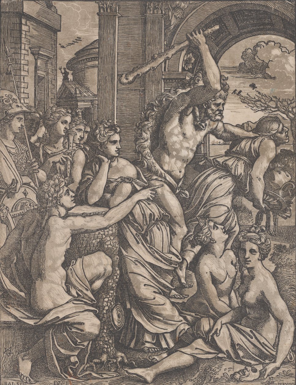 Hercules jager Gjærlighet fra Musenes tempel, ca. 1520-27. av Ugo da Carpi