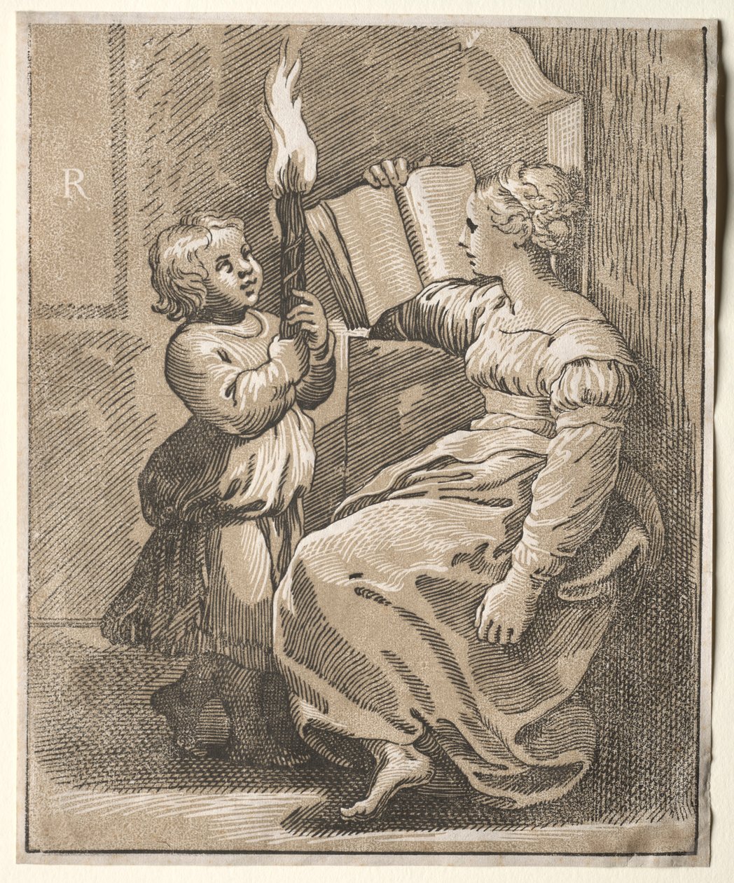 Sibyllelesing med et barn som holder en fakkel, 1518-27. av Ugo da Carpi
