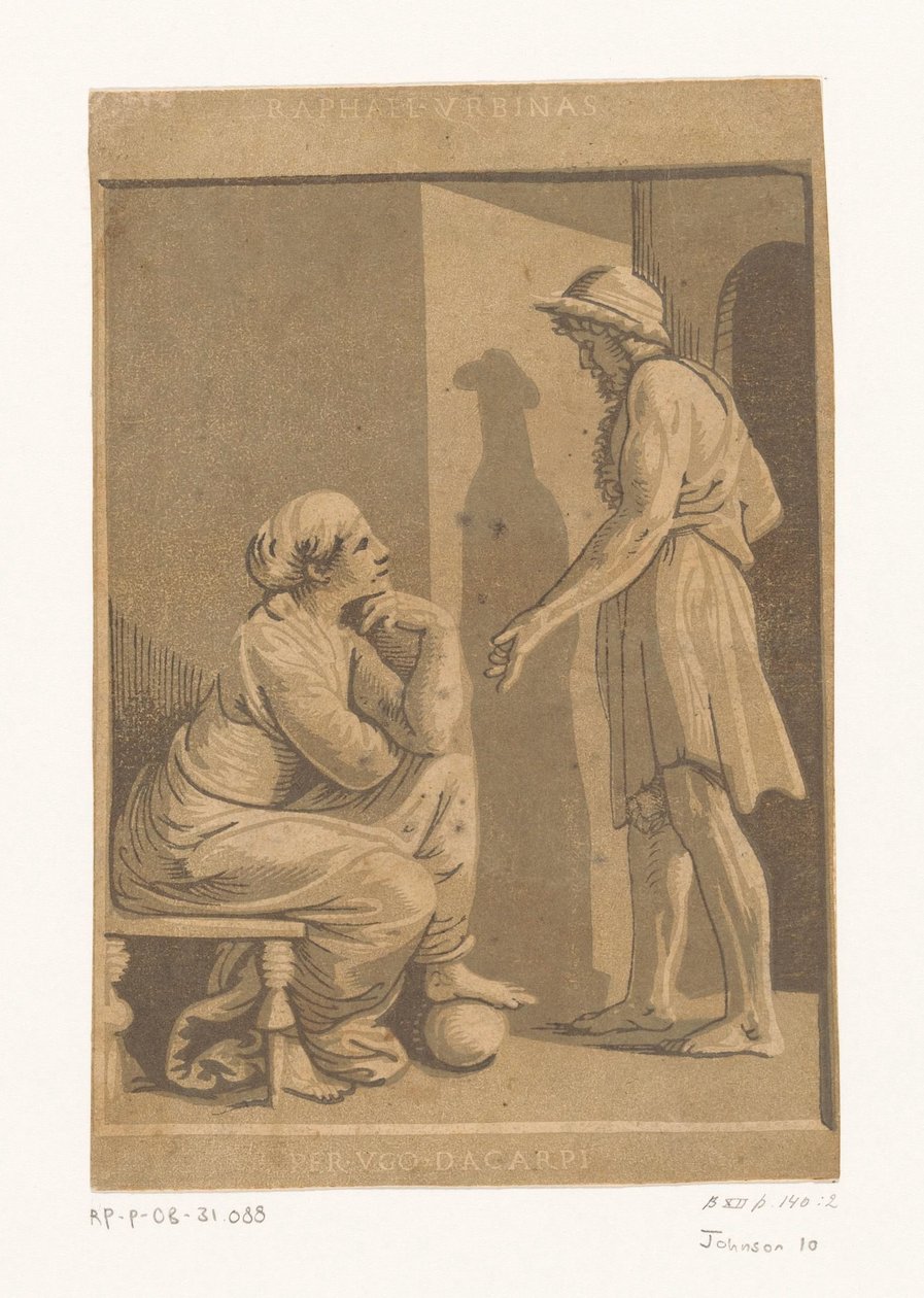Stående mann og sittende kvinne Kunstner Raphael og hans elskerinne av Ugo da Carpi