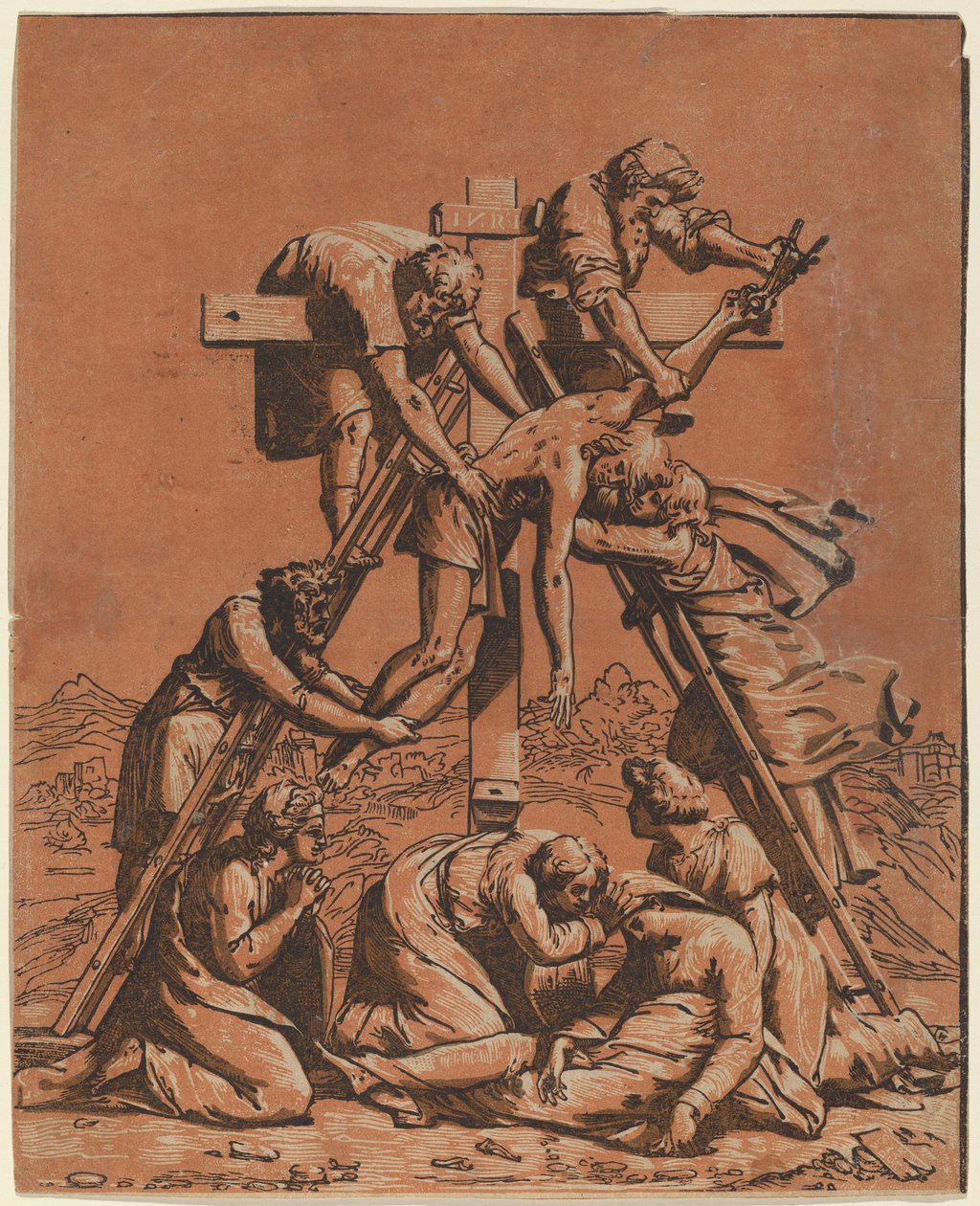 Nedstigningen fra korset av Ugo da Carpi after Raphael