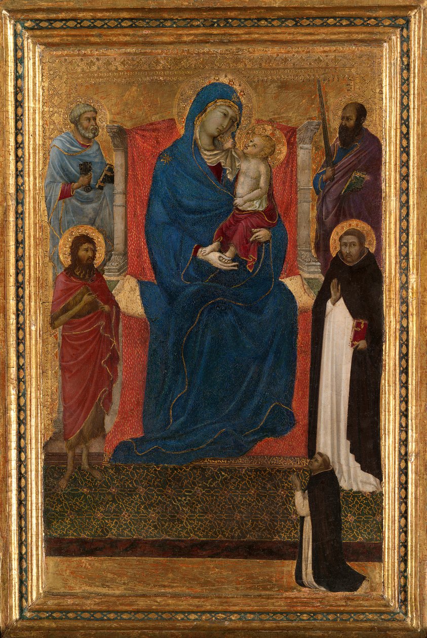 Jomfru og barn på tronen med de hellige Peter, Paulus, døperen Johannes og Dominikus og en dominikaner... av Ugolino da Siena