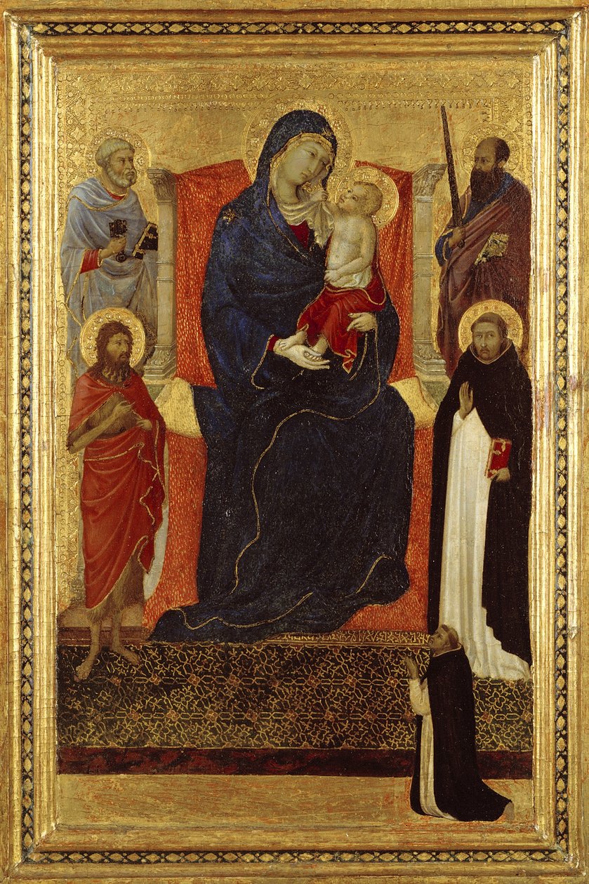 Jomfru og barn på tronen med de hellige Peter, Paulus, døperen Johannes, Dominikus og en giver, 1325-35 av Ugolino di Nerio