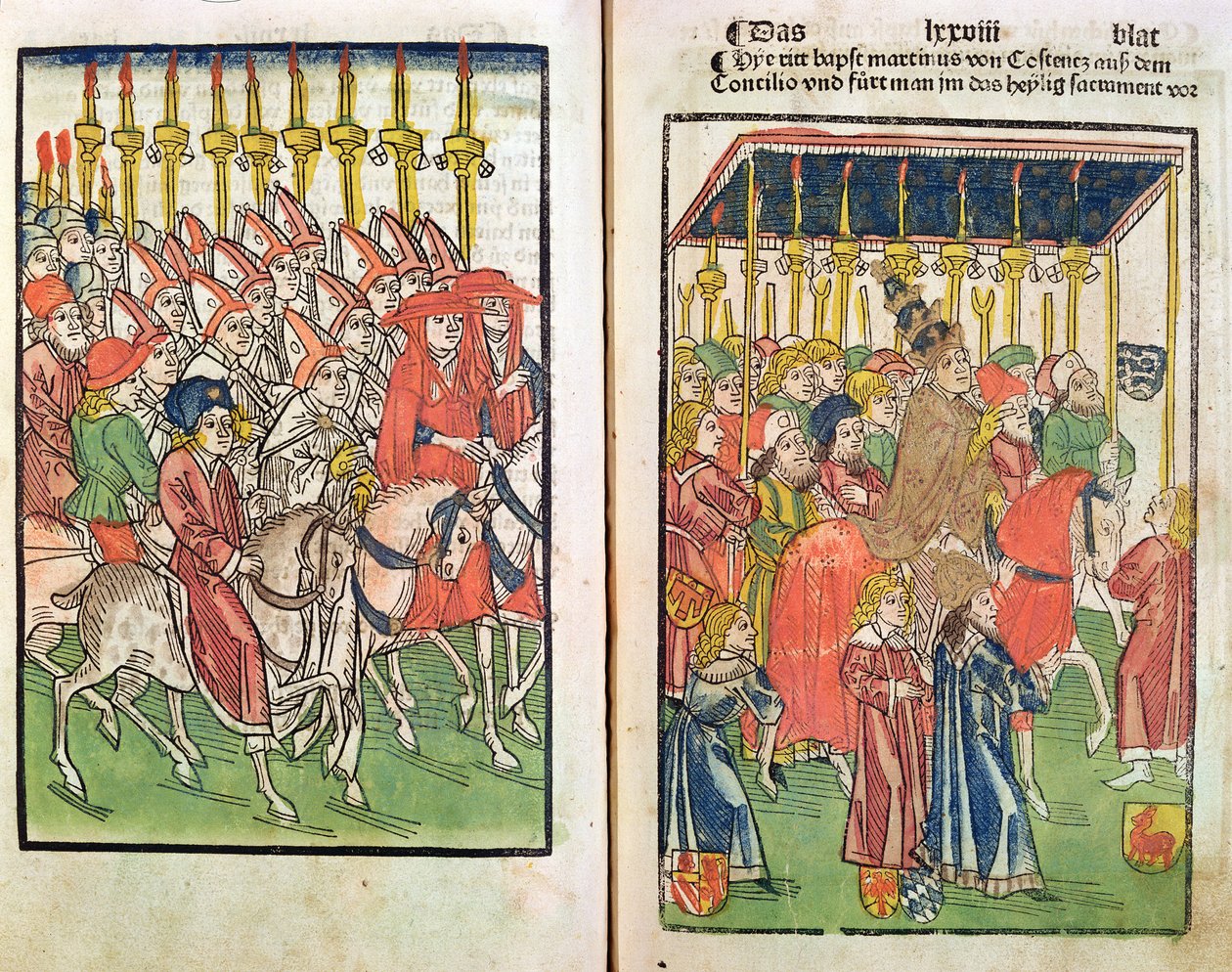 Ankomst av motpaven Johannes XXIII (ca. 1370-1419) til konsilet i Konstanz i 1414, 1483 (farget trestikk) av Ulrich von Richental