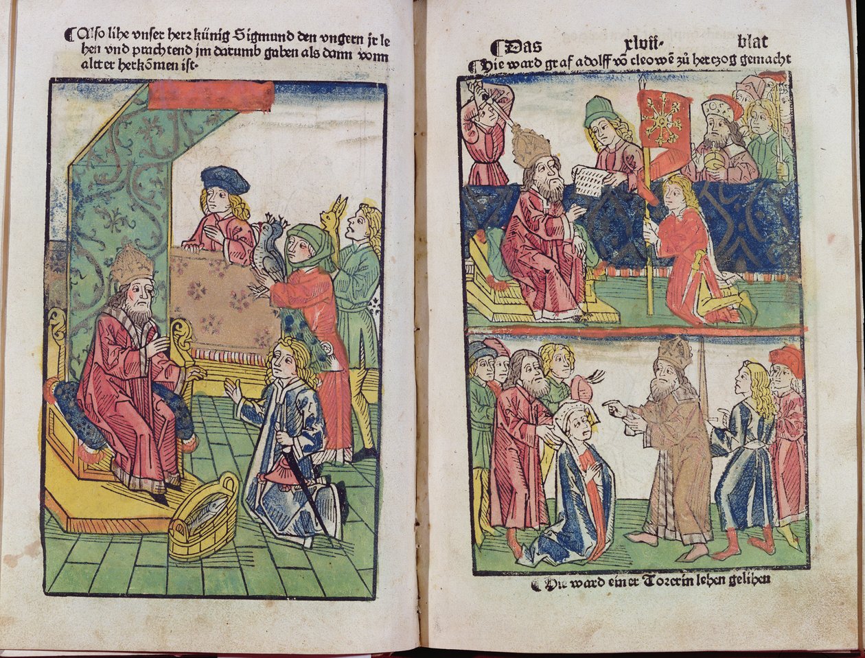 Keiser Sigismund (1367-1437) av Luxemburg mottar hyllingen av sine ungarske undersåtter, 1483, (fargetresnitt) (se også 336923) av Ulrich von Richental