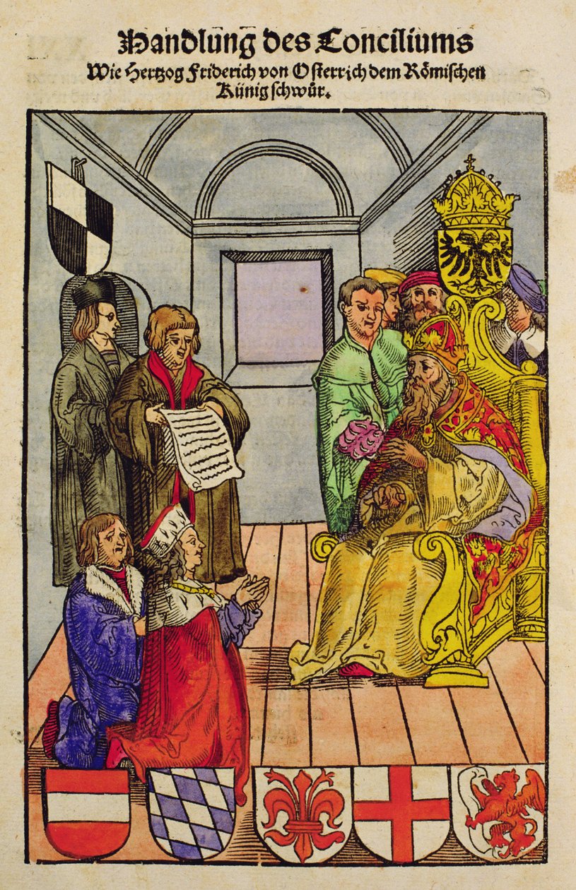 Frederick IV, hertug av Østerrike, erklærte sin troskap til keiseren ved konsilet i Konstanz, fra 'Chronik des Konzils von Konstanz' av Ulrich von Richental