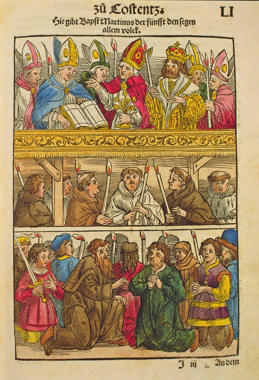 Martin V blir valgt til pave og velsigner folket ved konsilet i Konstanz, 1417, fra 