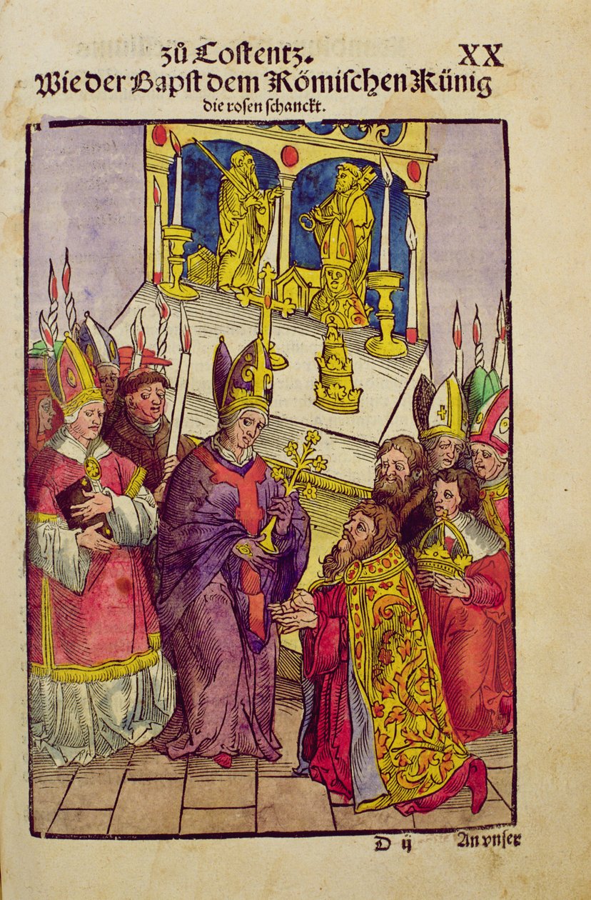 Pave Martin V gir Sigismund den symbolske gaven til den gyldne rose ved konsilet i Konstanz, fra 