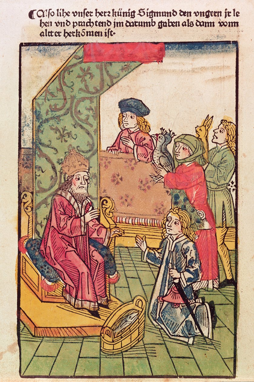 Keiser Sigismund (1367-1437) av Luxemburg mottar hyllingen av sine ungarske undersåtter, 1483, (farget tresnitt) (se også 316982) av Ulrich von Richental