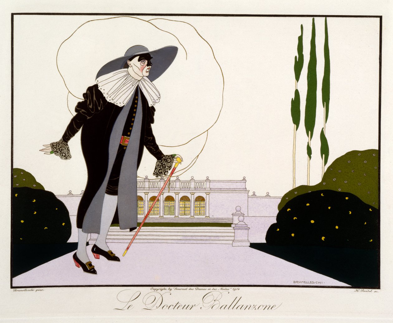 Doktor Ballanzone, fra 'Masks and Characters of Italian Theatre'-utgaven av Le Journal des Dames et des Modes, gravert av Henri Reidel (fl.1914-20) 1914 (litho-farge) av Umberto (after) Brunelleschi